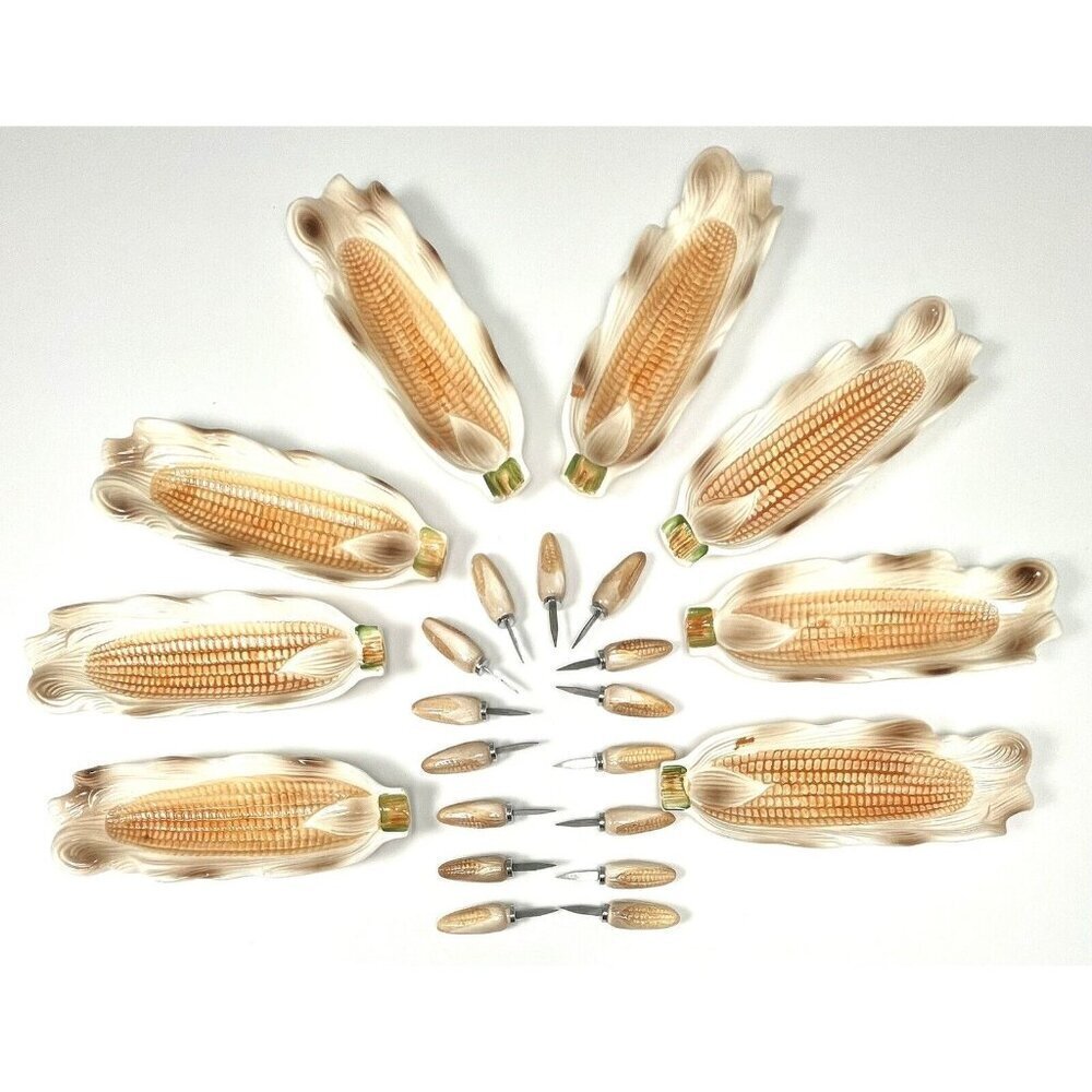 OUR OWN IMPORT Ceramic CORN ON THE COB DISHES SKEWERS Service for 8 *READ* Japan
